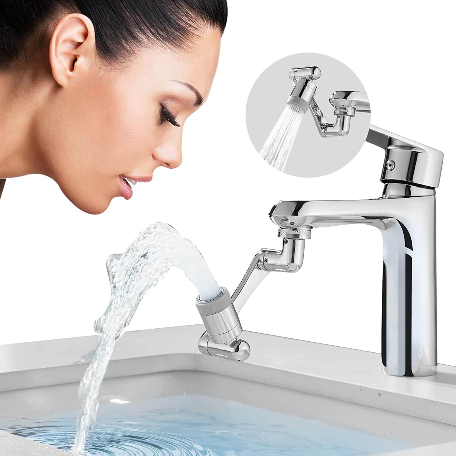 Woman using 1080° rotating Faucet Extension with dual-mode sink sprayer, providing no splash experience in a modern bathroom.
