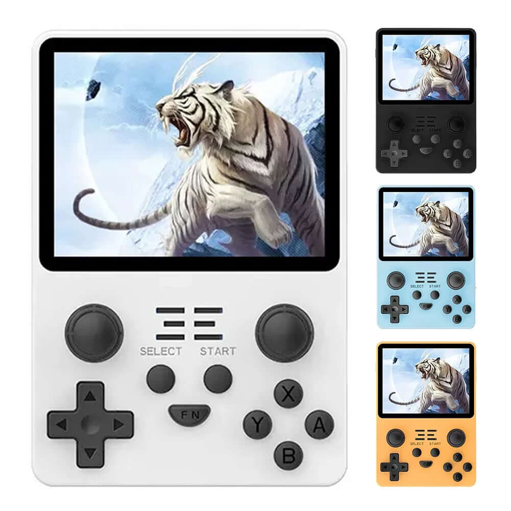 Handheld Game Console RK3326 in four colors for retro gaming anywhere, featuring a vibrant display with a roaring tiger on screen.