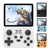Handheld Game Console RK3326 in four colors for retro gaming anywhere, featuring a vibrant display with a roaring tiger on screen.