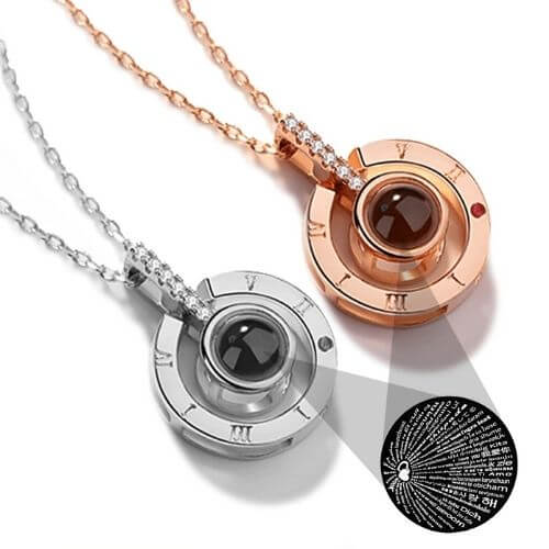 100 Languages I Love You Necklace in rose and silver with secret message projection