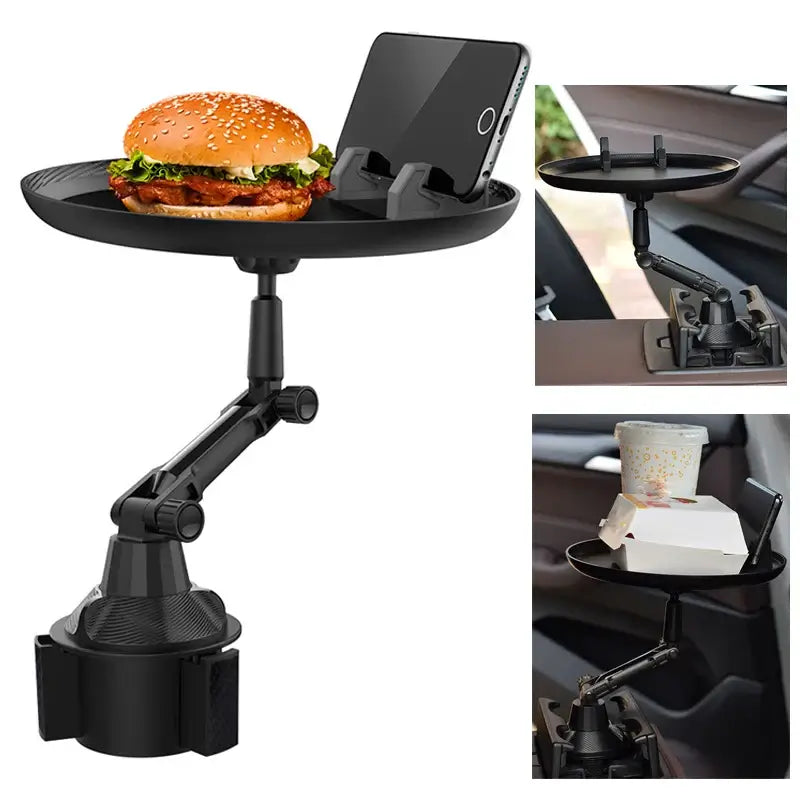 Car Swivel Tray in cup holder with burger and phone, showing multi-angle views