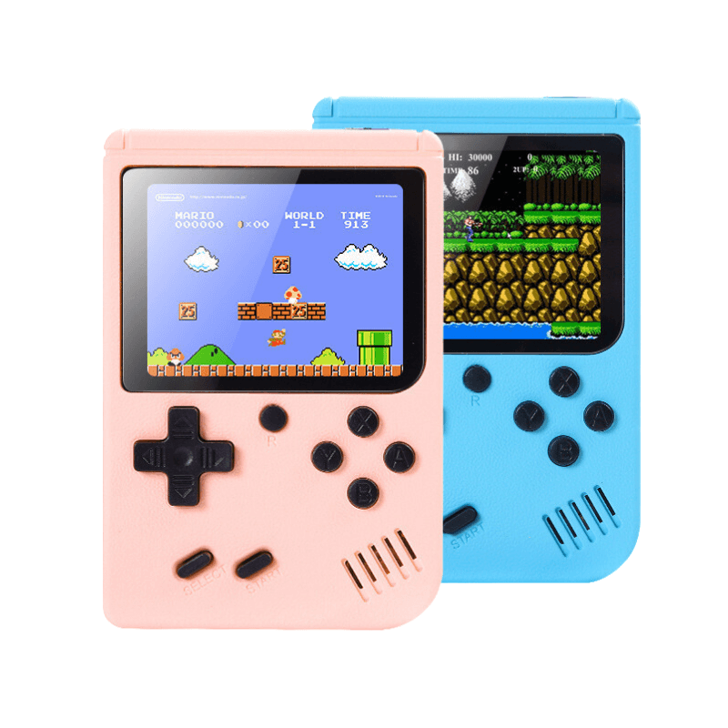 Retro Mini Handheld Game Console in pink and blue with classic game display