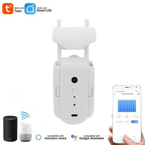 Smart Curtain Robot with smartphone app, compatible with Alexa and Google Assistant controls.