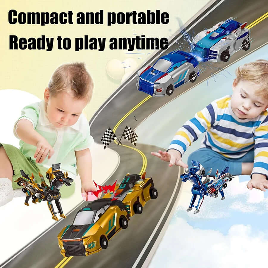 Collision Transforming Dinosaur Car, showcasing transforming action from car to dinosaur. Children Play.