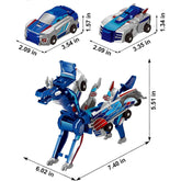 Collision Transforming Dinosaur Car in car and dinosaur forms with measurements, showcasing the 2-in-1 crash and transform action toy.