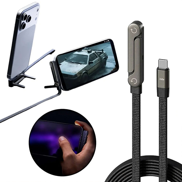 2-in-1 Invisible Holder Charger Cable showcasing phone stand and charging function with close-up details.