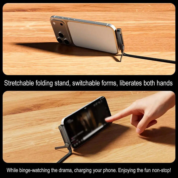 2-in-1 Invisible Holder Charger Cable used on phone with foldable stand feature