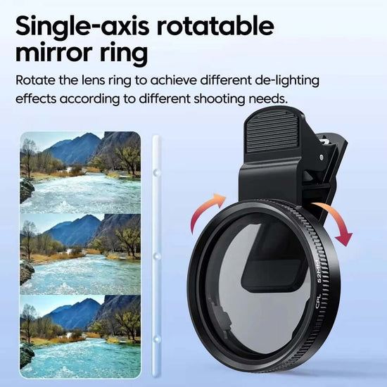 Single-axis rotatable mirror ring for 52mm Phone Lens Filter, allowing different de-lighting effects for photography.