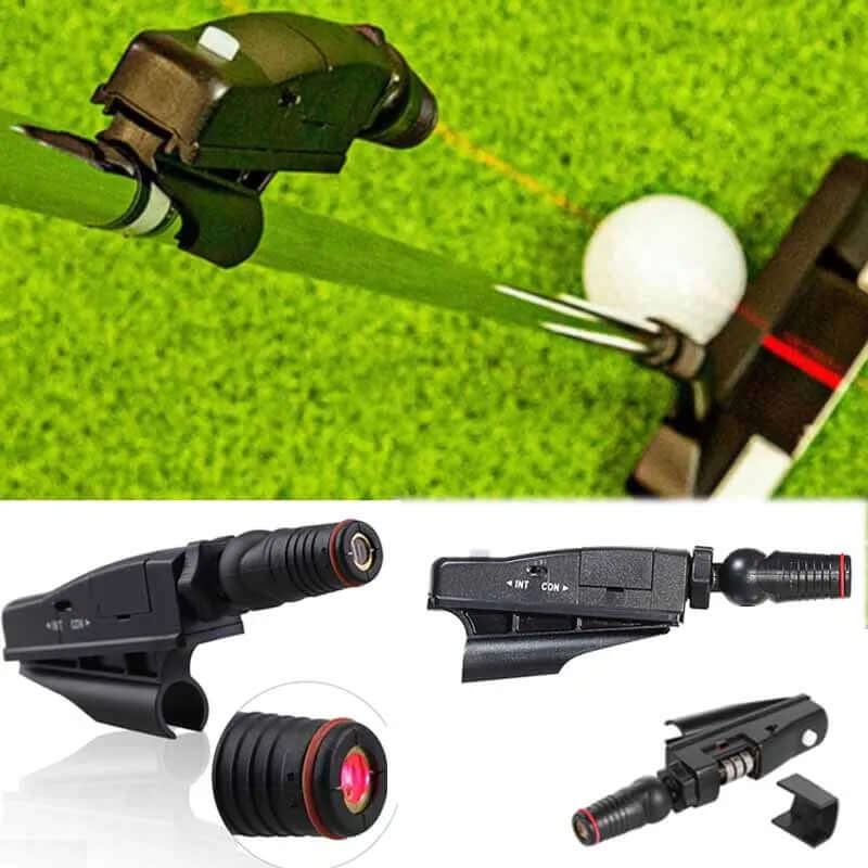 Golf Laser Putting Trainer on green with close-up views of components and laser alignment for improved putting precision.