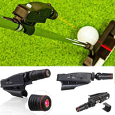 Golf Laser Putting Trainer on green with close-up views of components and laser alignment for improved putting precision.