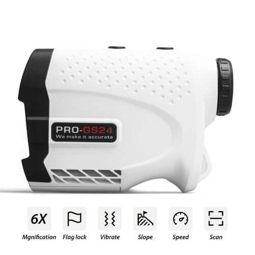 Rangefinder Golf device PRO-GS24 with magnification, slope, speed features for accurate distance measurement.