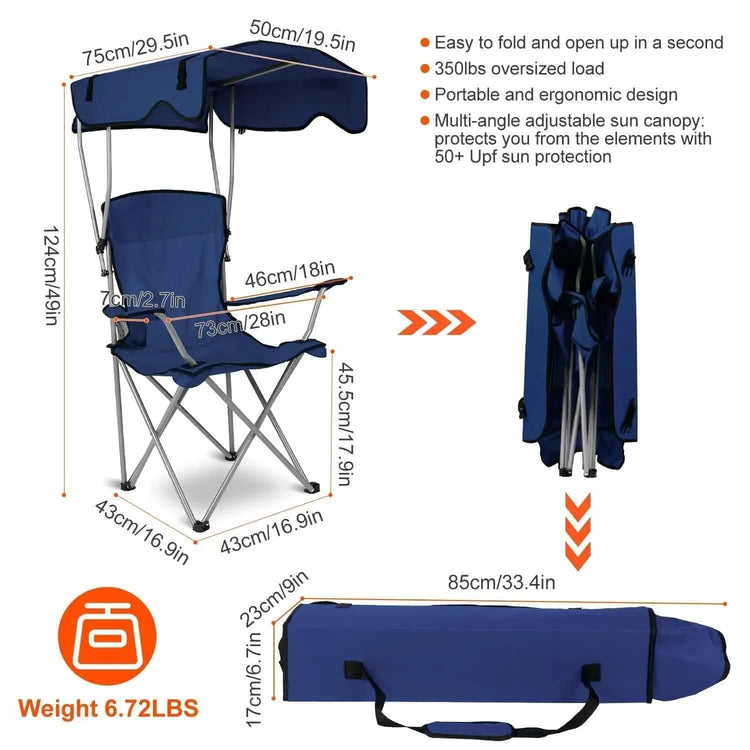 Camping Chair with Canopy featuring a foldable design, oversized support, and adjustable sun canopy for optimal shade.