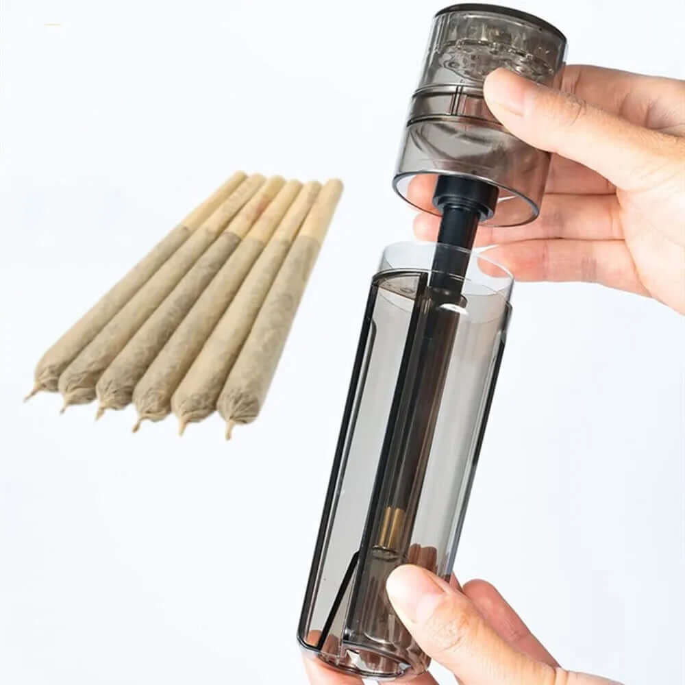 All in One Tobacco Grinder in use, showcasing the grinder and pre-rolled cones for convenience.