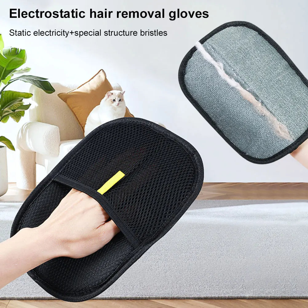 Pet Hair Removal Glove for Dogs & Cats shown cleaning pet hair from a sofa, featuring electrostatic bristles.