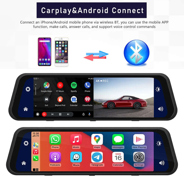 Dash Cam Mirror Screen with Carplay and Android Connect feature for seamless mobile integration while driving.