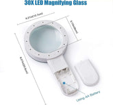 30X LED Magnifying Glass with dimensions and AA battery compartment shown for detail.