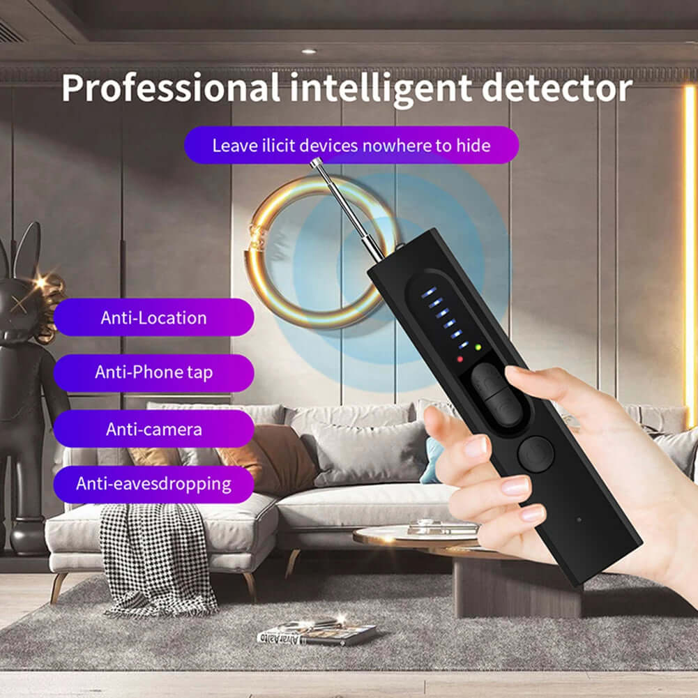 Hidden Camera & Bug Detector in use, showcasing features to detect devices like cameras and eavesdropping equipment.