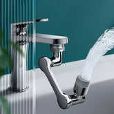 Faucet Extension with 1080° rotating sink sprayer, attached to a modern bathroom tap, demonstrating dual-mode water flow.