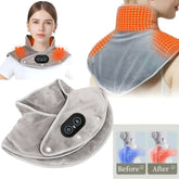 Woman wearing Electric Heated Neck & Shoulder Wrap for soothing warmth and relief; includes plush design and before & after effects.
