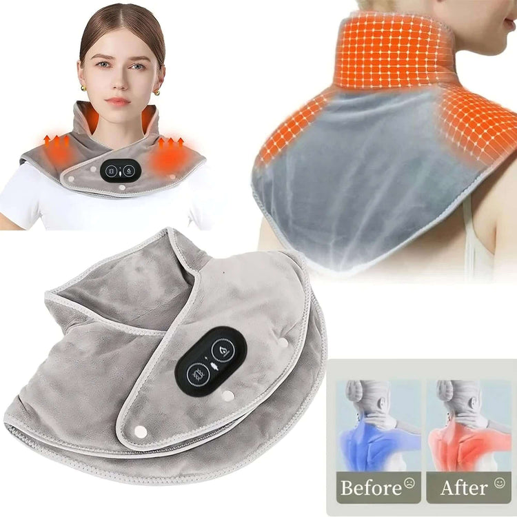 Woman wearing Electric Heated Neck & Shoulder Wrap for soothing warmth and relief; includes plush design and before & after effects.