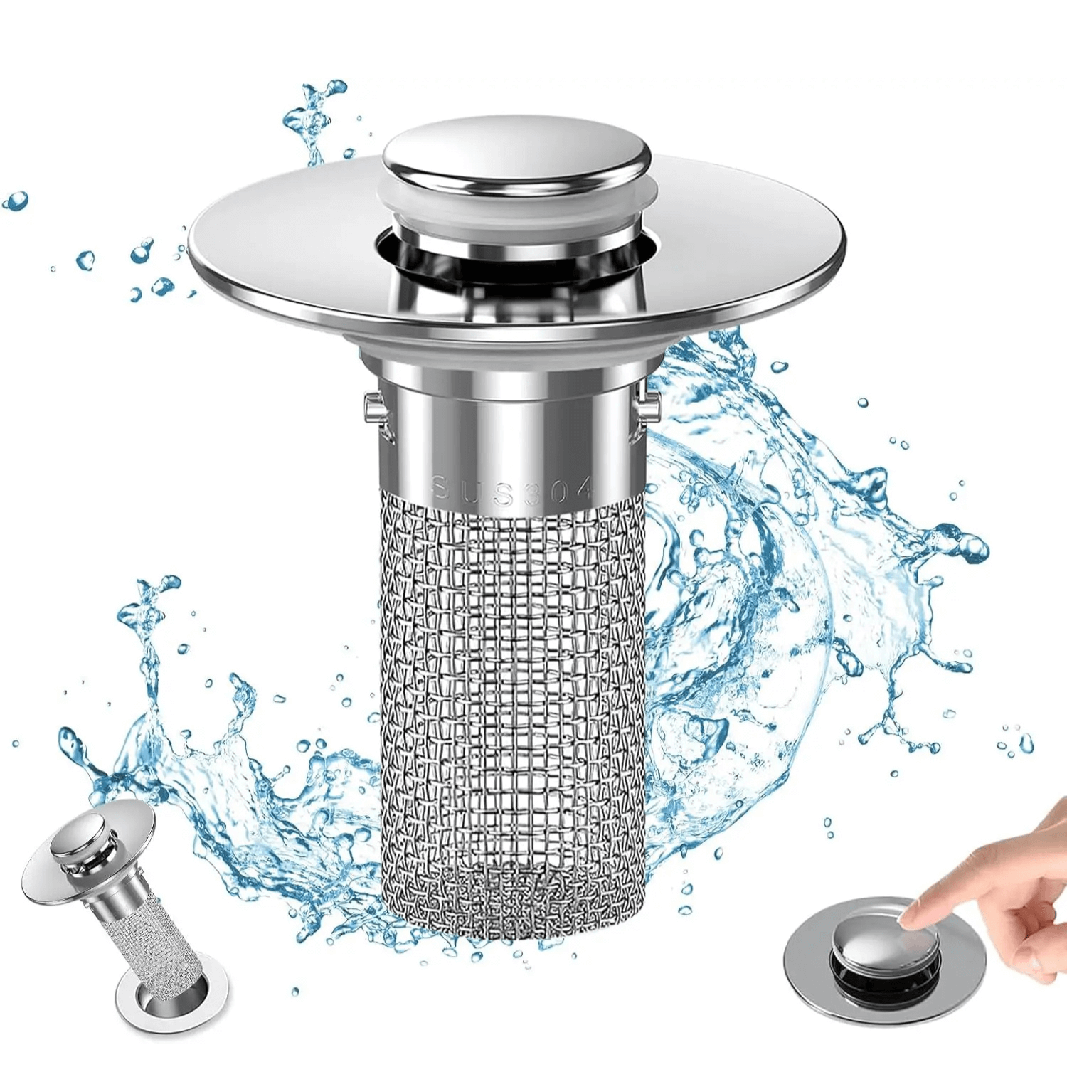 Sink Drain Stopper & Strainer with splash-proof design preventing clogs, featuring easy press button.