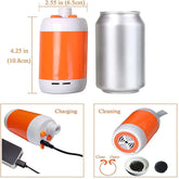 Portable Camping Shower Set next to a soda can for size comparison, showcasing its charging and cleaning features.
