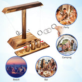 Ring Toss Hook Game setup with images of people playing at a party, camping, beach, and bar setting.