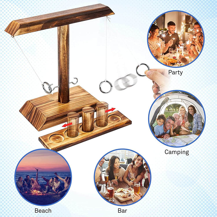 Ring Toss Hook Game setup with images of people playing at a party, camping, beach, and bar setting.