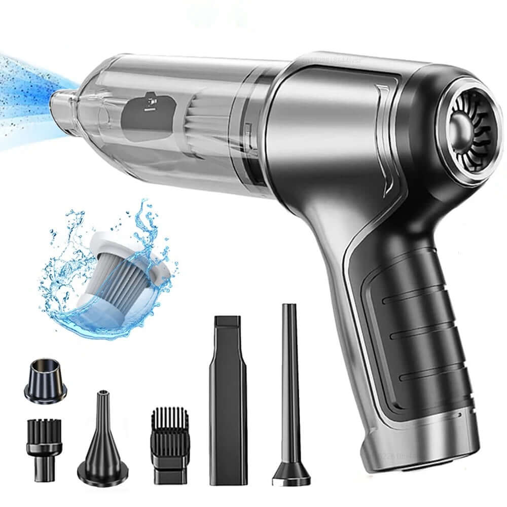 Car Vacuum Cleaner & Blower with multiple attachments and water spray feature for deep cleaning vehicles.