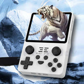 Handheld Game Console RK3326 with a roaring tiger on screen, perfect for retro gaming anywhere.