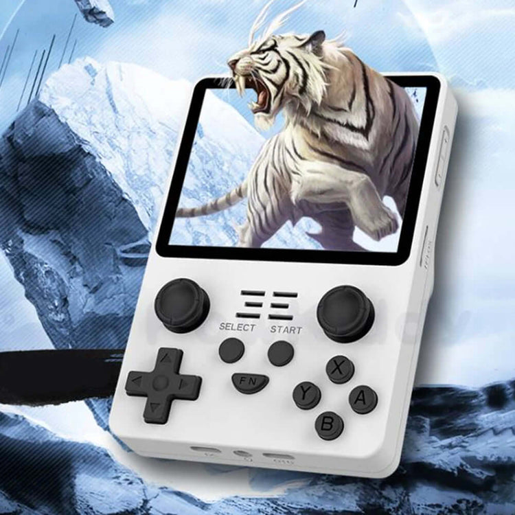 Handheld Game Console RK3326 with a roaring tiger on screen, perfect for retro gaming anywhere.