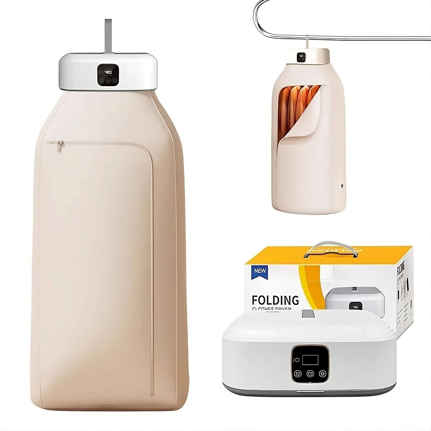 Electric Travel Clothes Dryer shown in a compact, foldable design with its packaging and drying capabilities.