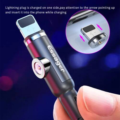 Magnetic Charging Cable with strong magnet and LED for fast charging, featuring close-up of cable end and charging instructions.