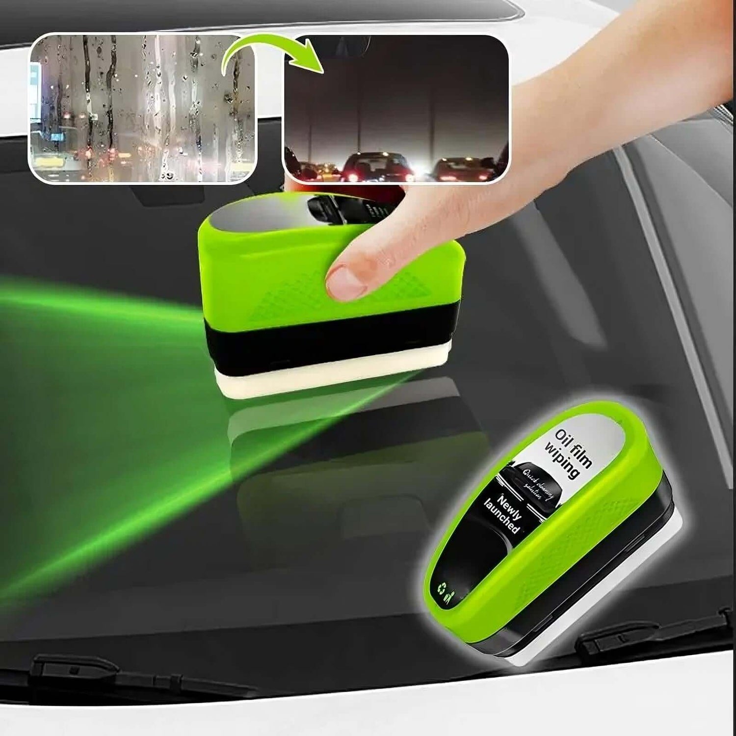 Green Oil Film Wipe effectively cleaning glass, showcasing clarity and ease of use in an automotive setting.