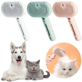 Pet Steam Brush in three colors: white, green, and pink, with a dog and a cat in the background for grooming and de-shedding.