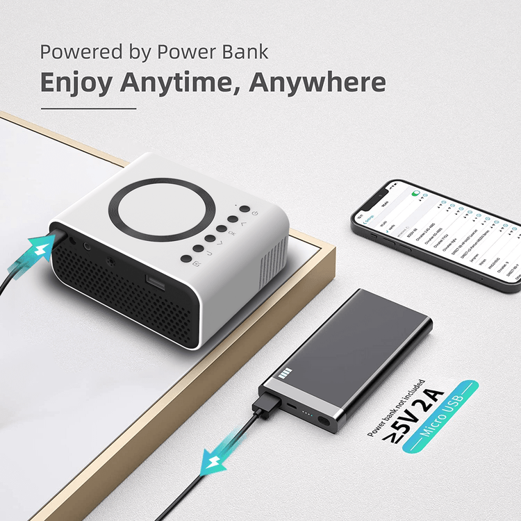 Mini LED Wireless Projector YT300 connected to power bank for portable home cinema experience
