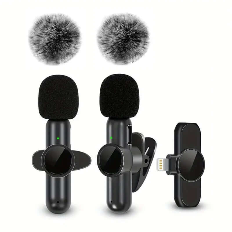 Wireless Lavalier Microphone with furry windshields and connectors for clear audio recording.