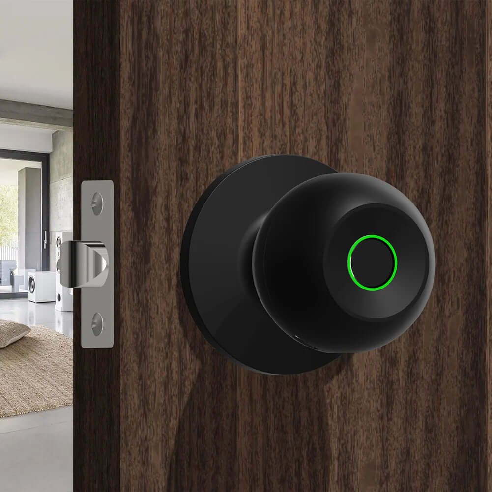 Keyless Smart Knob with App Control installed on a wooden door, featuring a sleek design and a glowing green button.