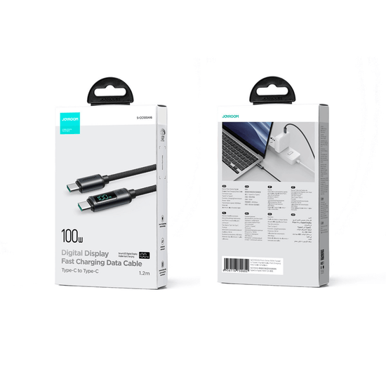 Packaging of 100W USB-C Cable with LED Display, featuring fast charging and data transfer capability, shown from front and back angles.