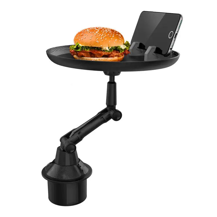 Car Swivel Tray holding a burger and smartphone, transforming cup holders into mini tables for convenient car dining.