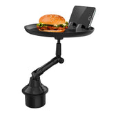 Car Swivel Tray holding a burger and smartphone, transforming cup holders into mini tables for convenient car dining.