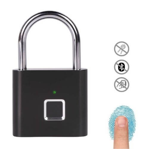 Image of Smart Fingerprint Padlock featuring one touch access, no keys needed, with a fingerprint sensor on a black body.
