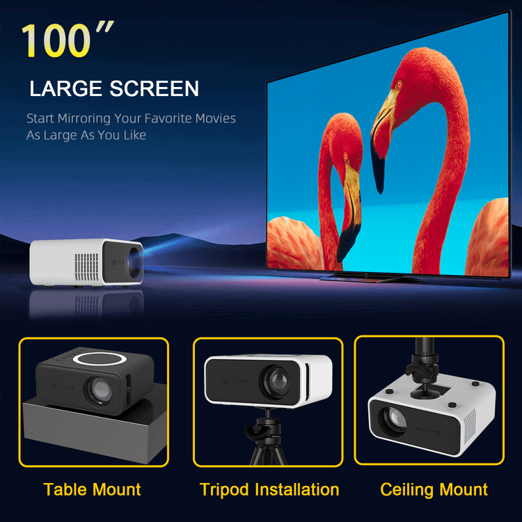 Mini LED Wireless Projector for 100-inch home theater with installation options: table, tripod, and ceiling mount.