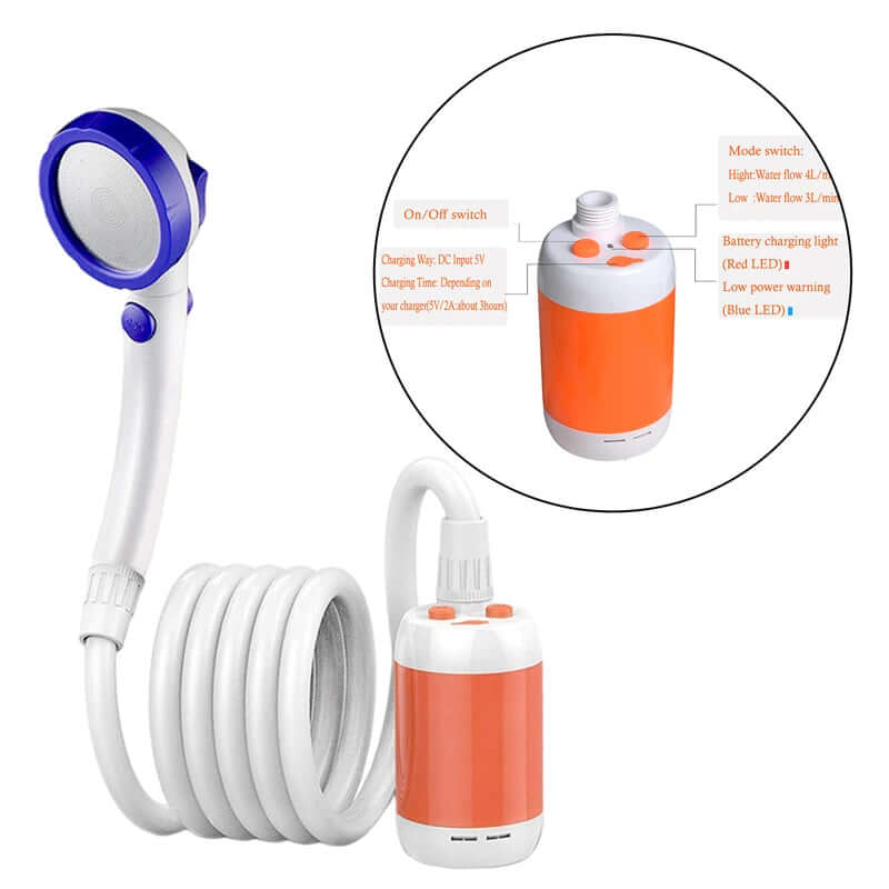 Portable Camping Shower Set with handheld showerhead, hose, and battery pack for hot showers outdoors.