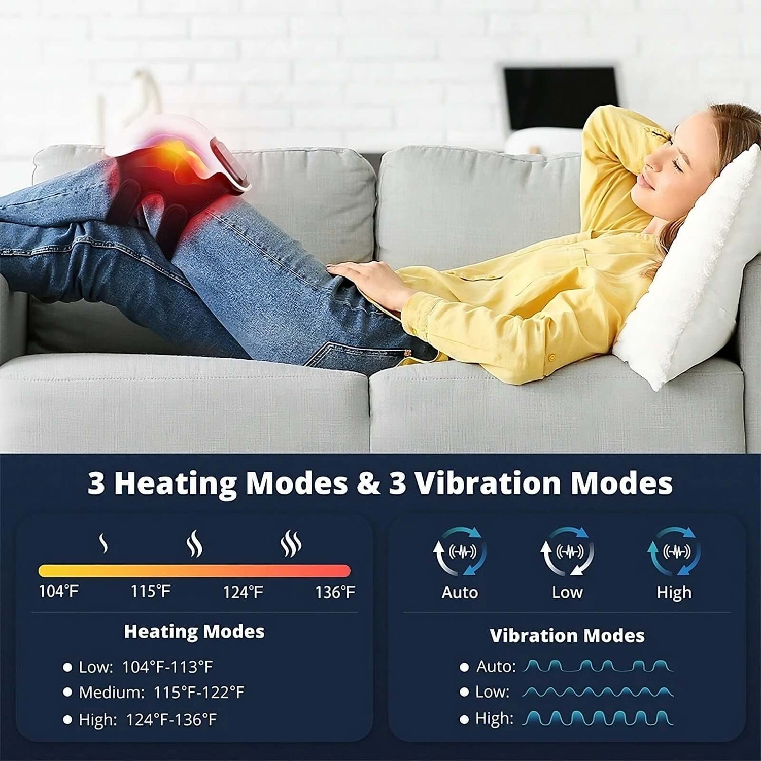 Electric Knee Therapy Device providing heat and red light relief with adjustable settings for personalized comfort on a sofa.