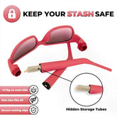 Red Hidden Storage Sunglasses with secure locking clips and storage tubes, perfect for discreetly carrying small items while maintaining style.