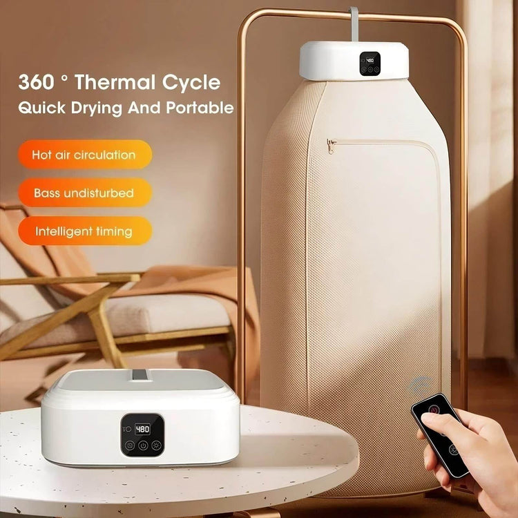 Electric Travel Clothes Dryer with 360° thermal cycle for quick drying and portability in a modern interior.