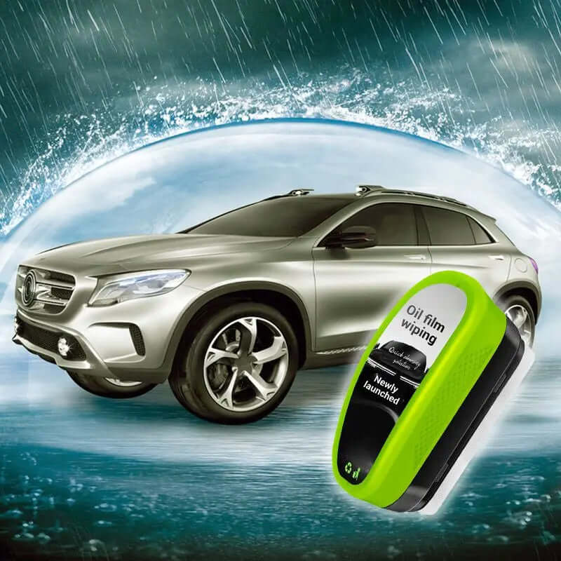 Green Oil Film Wipe next to a silver car under a water splash, showcasing crystal-clear cleaning power.