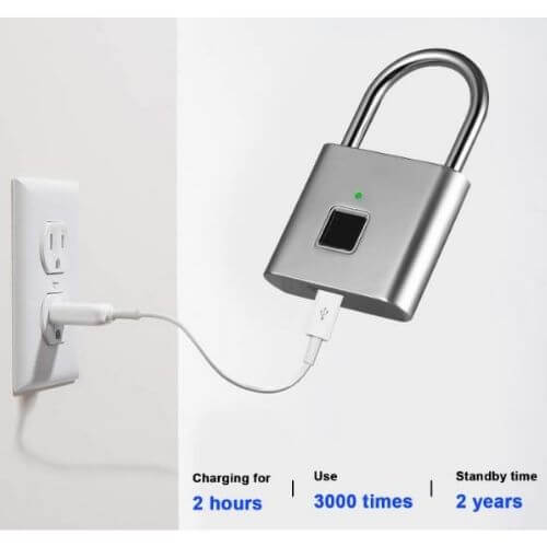 Smart Fingerprint Padlock charging via USB cable, highlighting 2-hour charge duration, 3000 uses, and 2-year standby time.