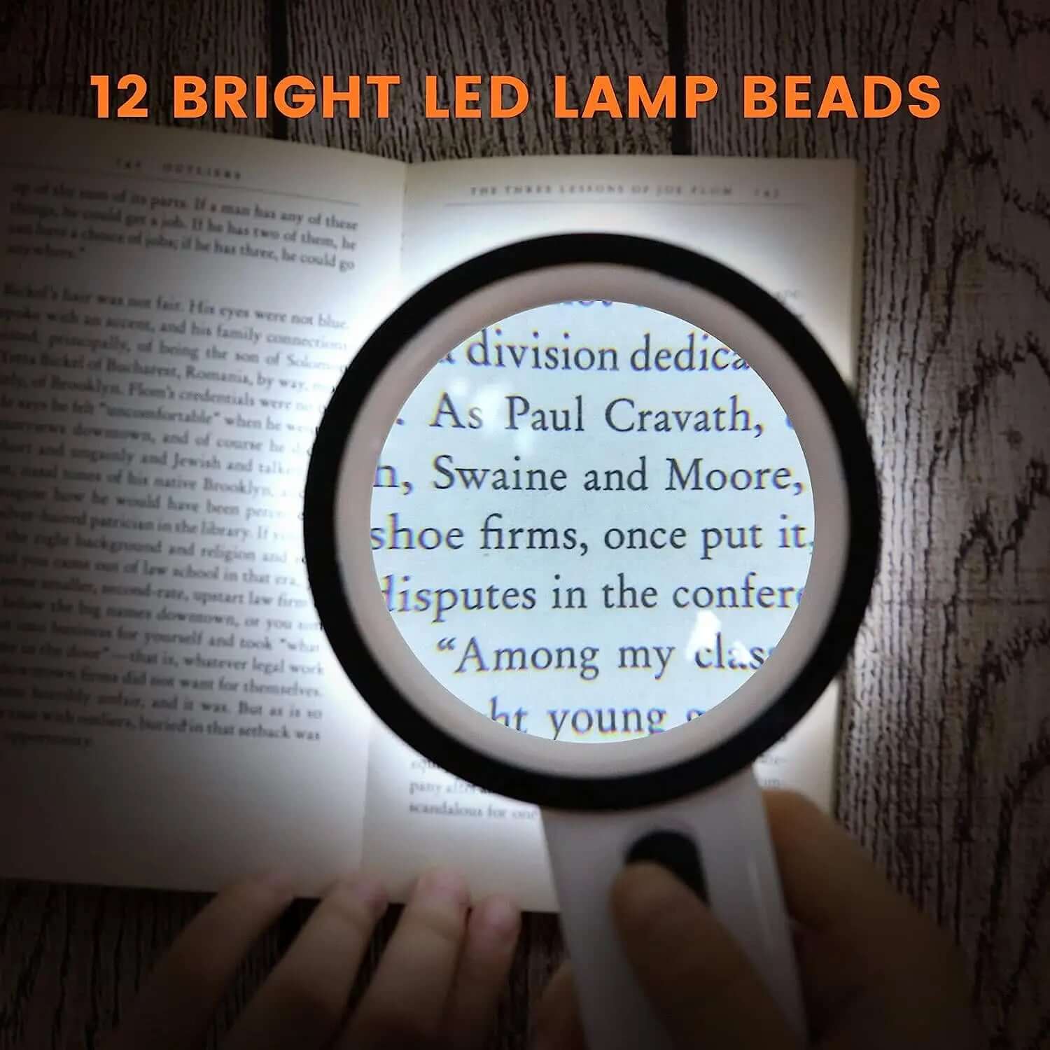 30X LED Magnifying Glass with 12 bright LED lamp beads illuminating text in a book, perfect for reading small print clearly.